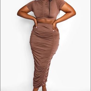 Rebdolls "All Your Attention" Ruched Bodycon Maxi Skirt Set- Brown